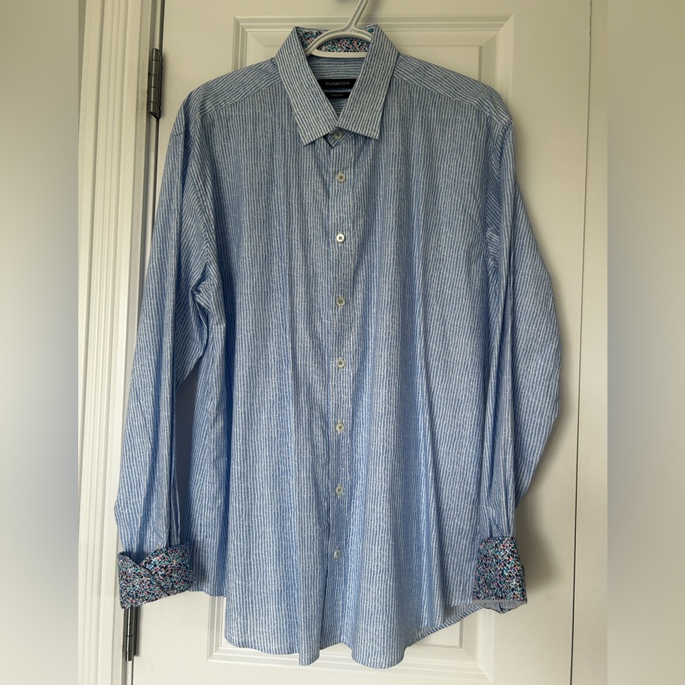 Blue and white stripped dress shirt with accent cuffs